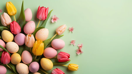Happy easter holiday with tulips and decorative eggs in various colorsの素材