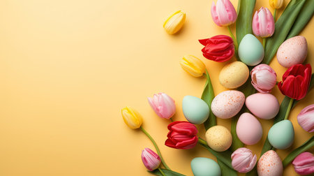 Happy easter holiday celebration background with tulips and decorative eggsの素材