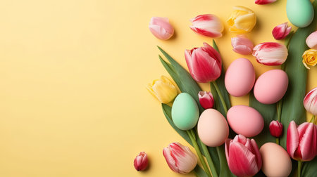 Happy easter holiday celebration background with tulips and decorative eggsの素材