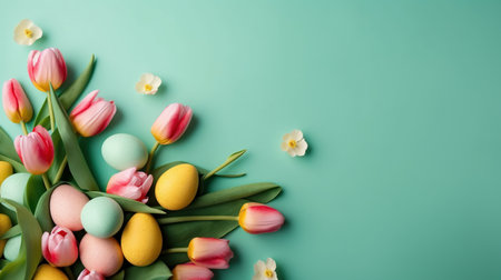 Top View of Happy Easter concept with tulips and decorative eggs in various colorsの素材