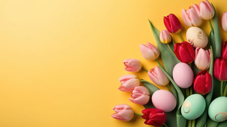 Happy easter holiday concept with tulips and decorative eggsの素材