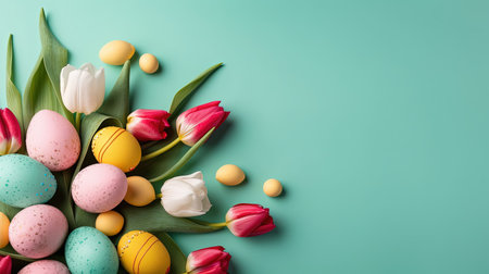 Happy Easter with tulips and decorative eggs in various colorsの素材