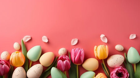 Happy easter holiday concept with tulips and decorative eggs in various colorsの素材