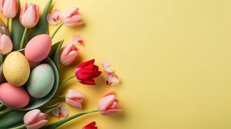 Happy Easter background with tulips and decorative eggs in various colorsの素材