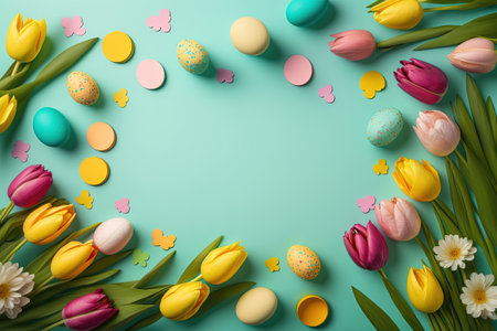 colorful tulips and eggs lying on teal green background with copy space for easter greeting cardの素材