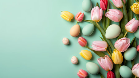 Top View of Happy Easter card background with tulips and decorative eggs in various colorsの素材