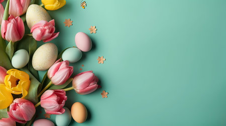 Top View of Happy Easter celebration background with tulips and decorative eggs in various colorsの素材