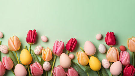 Happy Easter with tulips and decorative eggsの素材