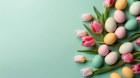 Top View of Happy Easter with tulips and decorative eggs in various colorsの素材