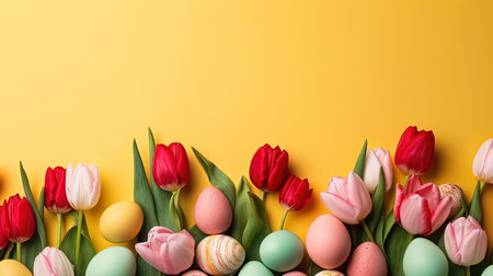 Top View of Happy Easter with tulips and decorative eggsの素材