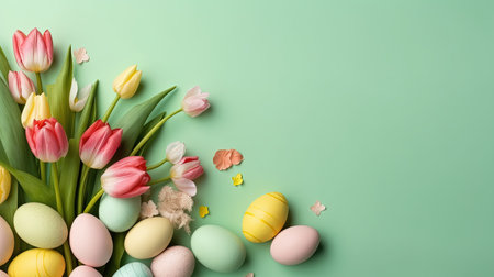 Happy easter holiday card background with tulips and decorative eggs in various colorsの素材