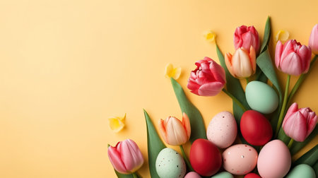 Top View of Happy Easter background with tulips and decorative eggsの素材