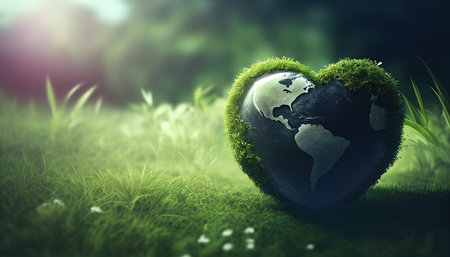 heart shaped planet on green lawn for earth dayの素材