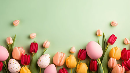 Happy Easter card background with tulips and decorative eggsの素材