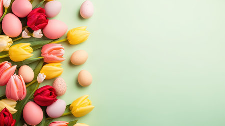 Happy easter holiday celebration background with tulips and decorative eggs in various colorsの素材