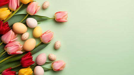 Happy easter holiday with tulips and decorative eggs in various colorsの素材
