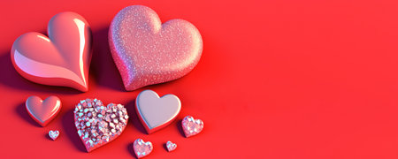 Valentine's Day 3D Heart Illustration and Crystal Diamond Banner and Backgroundの素材