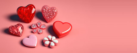 Valentine's Day 3D Heart Illustration and Diamond Crystal Theme Banner and Backgroundの素材