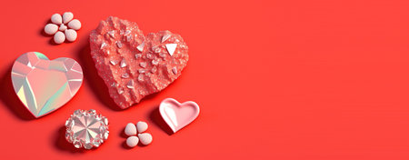 3D Heart Shape, Diamond, and Crystal Composition for Valentine's Day Banner and Backgroundの素材