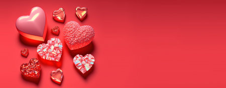 Twinkling 3D Heart Shape, Diamond, and Crystal Illustration for Valentine's Day Bannerの素材