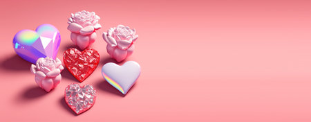 Sparkling 3D illustration of heart, diamond and flower shape for banner and backgroundの素材