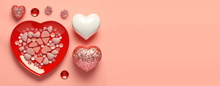 Gleaming 3D Heart, Diamond, and Crystal Illustration for Valentine's Day Bannerの素材