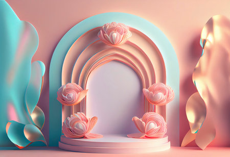 Feminine and elegant 3d podium illustration with abstract flower ornament for product displayの素材