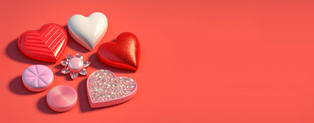 Valentine's Day 3D Heart Illustration Objects and Crystal Diamond Background Designの素材