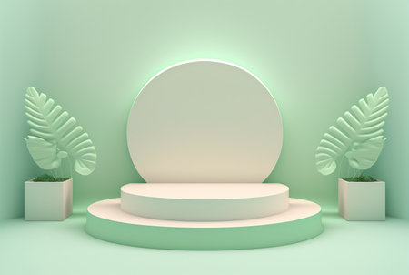 3d leaf podium on soft green background for product display and presentationの素材
