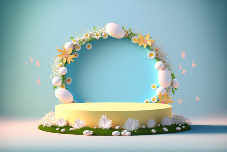 3D render of Easter greeting background banner with product podium scene, eggs, and flowerの素材