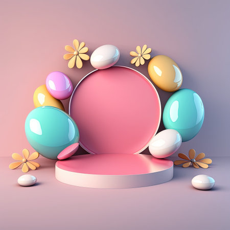 Glossy 3D Pink Stage with Eggs and Flowers Ornament for Easter Celebration Product Presentationの素材