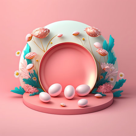 Glossy 3D Pink Stage with Eggs and Flowers Ornament for Easter Celebration Product Showcaseの素材