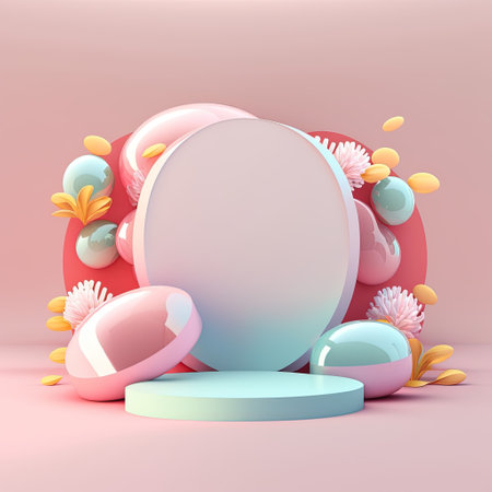 Glossy 3D Podium with Eggs and Flowers for Easter Day Product Displayの素材