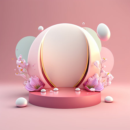 Shiny 3D Pink Podium with Eggs and Flowers for Easter Product Presentationの素材