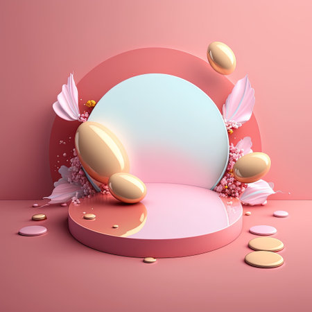 Shiny 3D Podium with Eggs and Flowers for Easter Celebration Product Displayの素材