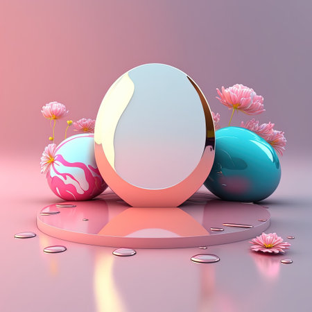 Shiny 3D Pink Podium with Eggs and Flowers for Easter Day Product Displayの素材