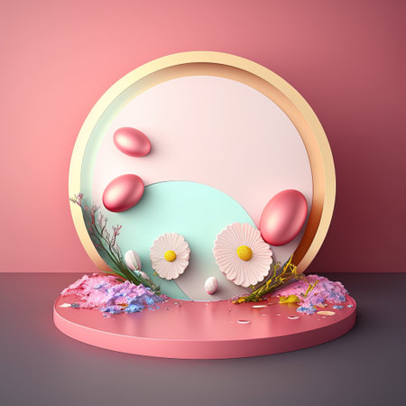 Glossy 3D Podium with Eggs and Flowers for Easter Day Product Presentationの素材