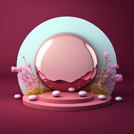 Glossy 3D Pink Podium with Eggs and Flowers Ornament for Easter Celebration Product Showcaseの素材