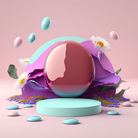 Glossy 3D Stage with Eggs and Flowers for Easter Celebration Product Displayの素材