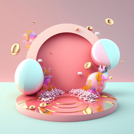 Glossy 3D Stage with Eggs and Flowers for Easter Day Product Displayの素材