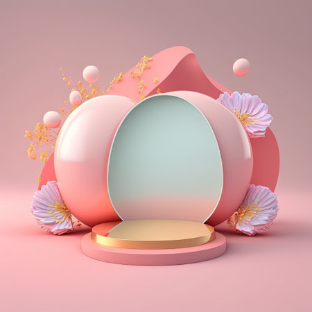 Shiny 3D Pink Podium with Eggs and Flowers for Easter Day Product Presentationの素材