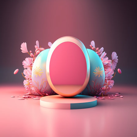 Glossy 3D Podium with Eggs and Flowers for Easter Product Displayの素材