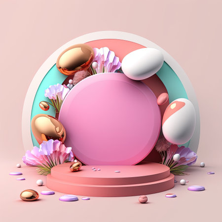 Glossy 3D Podium with Eggs and Flowers for Easter Day Product Showcaseの素材