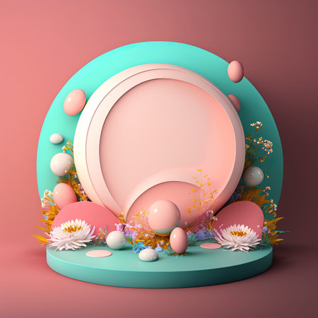 Glossy 3D Stage with Eggs and Flowers for Easter Day Product Presentationの素材