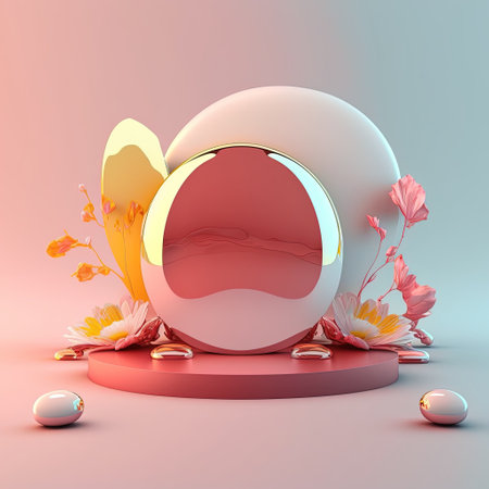 Shiny 3D Pink Podium with Eggs and Flowers for Easter Day Product Showcaseの素材