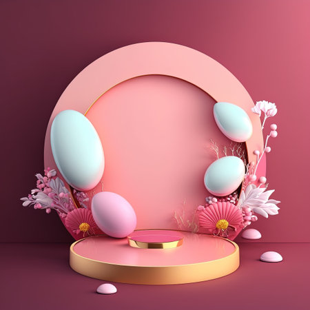 Shiny 3D Podium with Eggs and Flowers for Easter Celebration Product Presentationの素材
