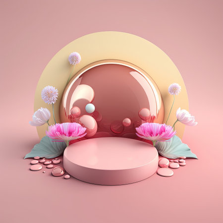 Glossy 3D Pink Stage with Eggs and Flowers for Easter Day Product Displayの素材