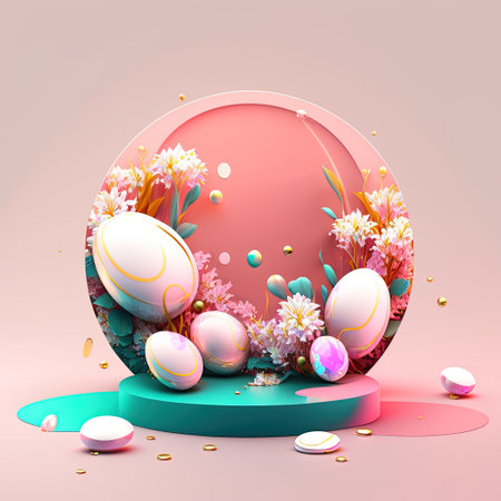 Shiny 3D Pink Stage with Eggs and Flowers for Easter Celebration Product Displayの素材