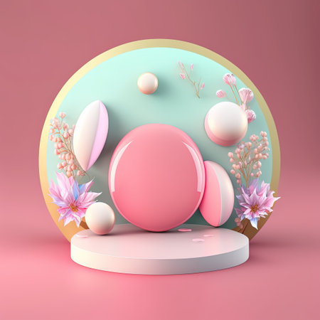 Glossy 3D Podium with Eggs and Flowers for Easter Celebration Product Showcaseの素材
