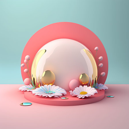 Glossy 3D Pink Stage with Eggs and Flowers for Easter Day Product Showcaseの素材